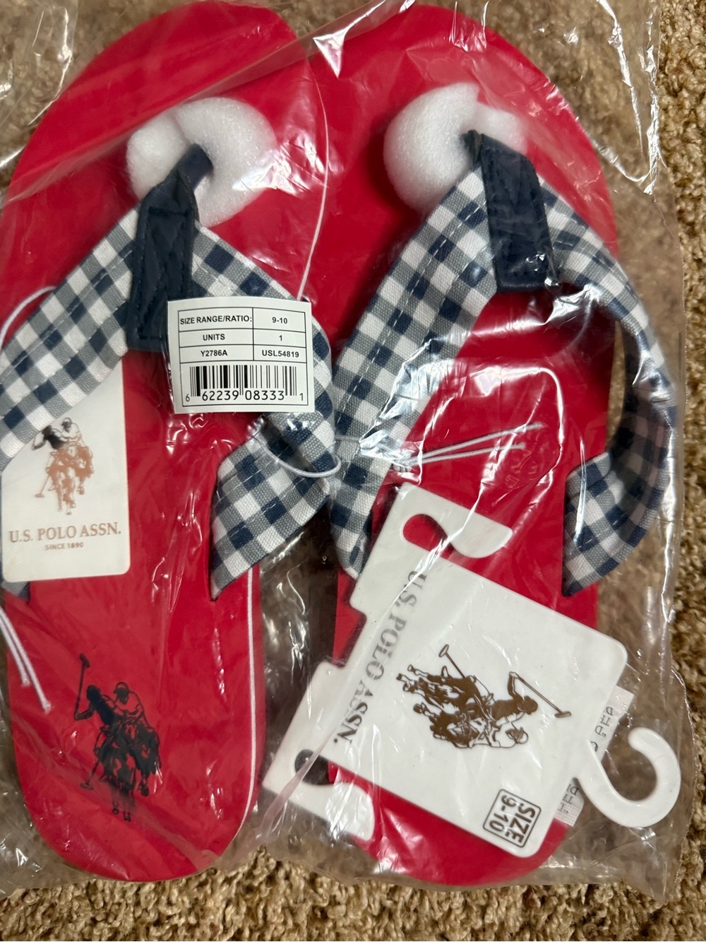 NWT U.S. Polo Assn. Red Gingham Plaid Flip Flops Thong Sandals Size 9-10